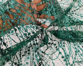 Hunter Green Glitter on Mesh Lace Fabric By The Yard for Wedding Decor - Bridal/Prom - Shimmer, Glitter Fabricr - Luxury Sparkle Mesh