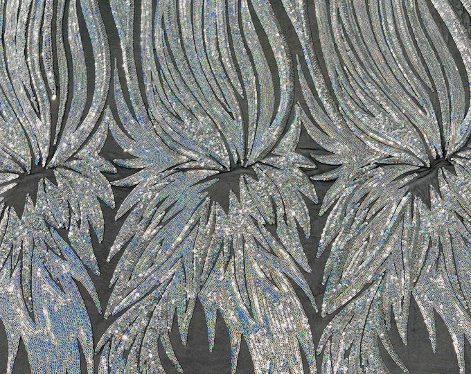 Silver Holographic Sequins Fabric on Black Mesh By The Yard | Angel Wings Design Embroidered With Sequin on a Mesh 4way Stretch-Prom-Gown