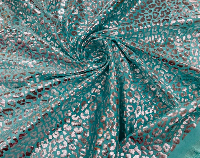 Blue/Silver Metallic Leopard Print Nylon Spandex Fabric, 4 Way Stretch