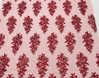 Burgundy Floral Lace Fabric: Sequined Embroidery Mesh, Bridal Wedding