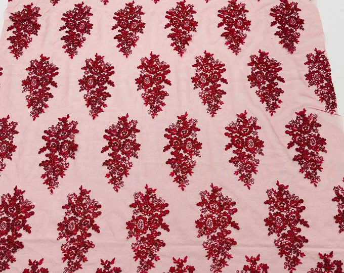 Burgundy Floral Lace Fabric - by the yard - Embroidery With Sequins on a Mesh Lace Fabric For Wedding-Bridal