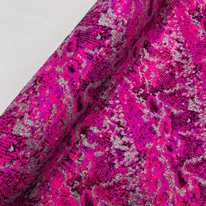 Hot Pink Silver Glitter Snake Design Shattered Glass Nylon Spandex Fabric By Yard, Snake Flocking Hologram, Glitter Snake Nylon Spandex