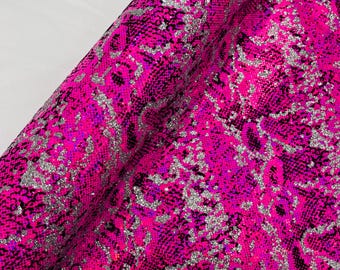Hot Pink Silver Glitter Snake Design Shattered Glass Nylon Spandex Fabric By Yard, Snake Flocking Hologram, Glitter Snake Nylon Spandex