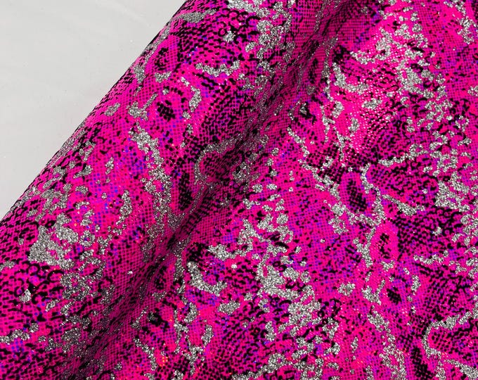 Hot Pink Silver Glitter Snake Design Shattered Glass Nylon Spandex Fabric By Yard, Snake Flocking Hologram, Glitter Snake Nylon Spandex