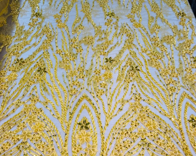 Beaded Fabric - Yellow - Embroidered Flower Line Mesh Lace Fabric with Beads Sold By The Yard
