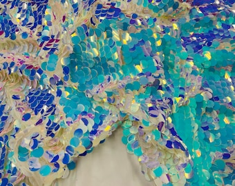 Iridescent Aqua Blue Sequin Fabric: Round & Tear Drop Mermaid Scale Polyester