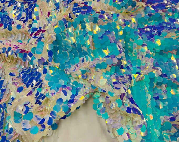 Iridescent aqua/Blue Round Sequin Fabric, Tear Drop Mermaid Sequin Fabric, Sequins Fabric Mermaid Dresses-Nightgowns-Prom Gown (Pick a Size)