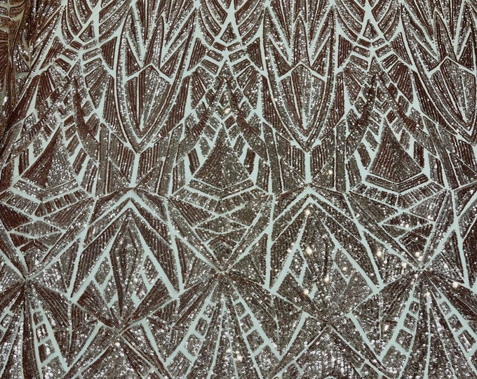 Rose Gold Sequins on Nude Mesh, Geometric Design Embroidered on Mesh 4way Stretch Sequin By Yard