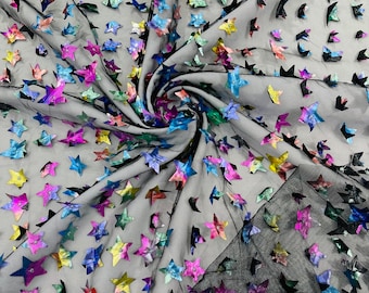Rainbow 3D Star Lace Fabric: Embroidered Black Tulle, Bridal Wedding Dress
