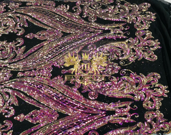 Iridescent Purple Sequins - 4 Way Stretch Fancy Big Damask Design Sequins on Spandex Mesh Prom Gala Gown Fabric By The Yard