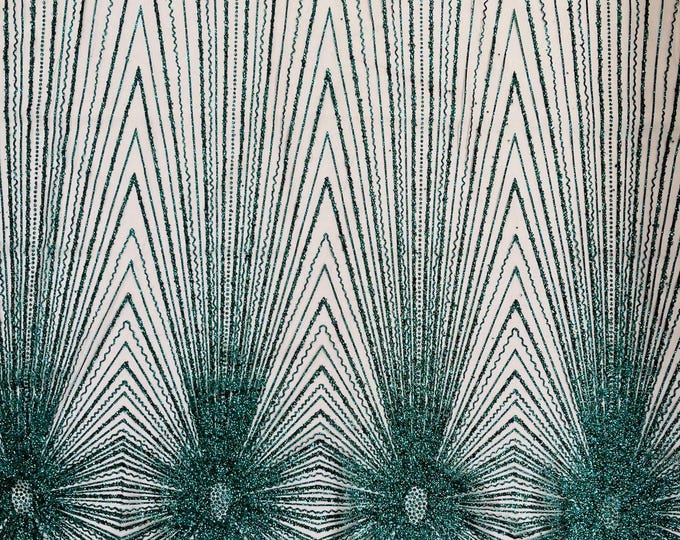Hunter Green Sparkling Glitter Mesh Fabric By The Yard, Glitters and Sequins Damask Geometric Glitter Fabric Wedding Bridal Decor Prom