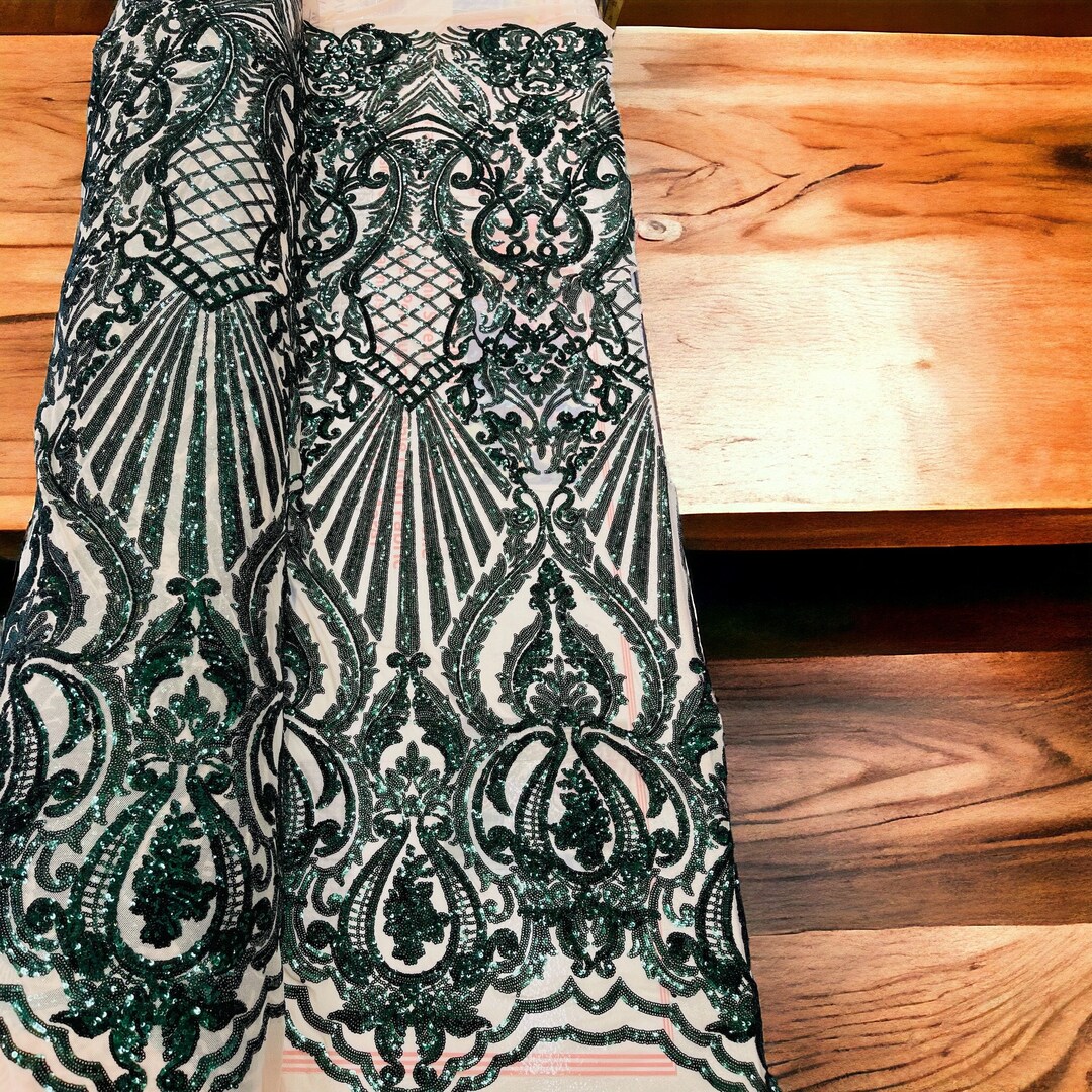 Fringe Sequins Design On A Black 4 Way Stretch Mesh Prom Fabric (1 Yard, Hunter Green) main image 1