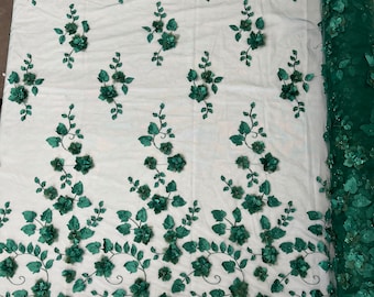 Hunter Green 3D Floral Design Embroider and Beaded With Pearls On a Mesh Lace-Prom-Dress By The Yard