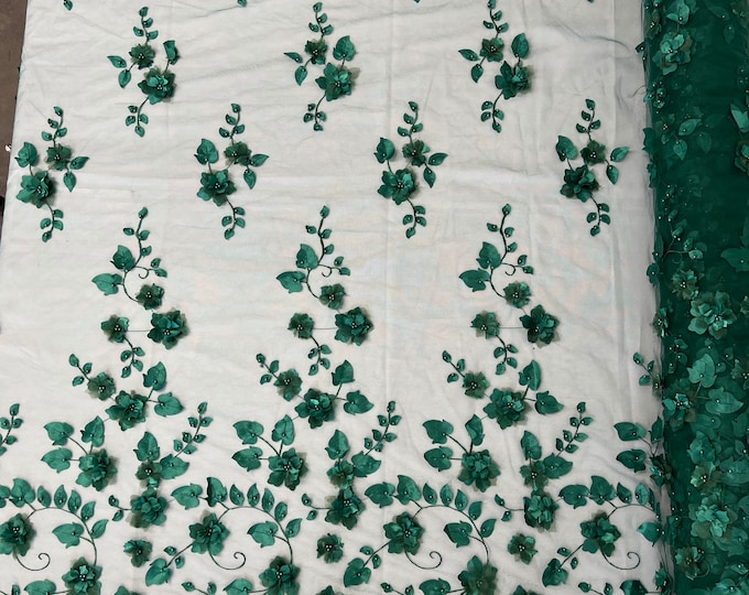 Hunter Green 3D Floral Design Embroider and Beaded With Pearls On a Mesh Lace-Prom-Dress By The Yard