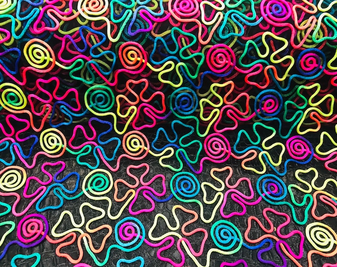 Rainbow Color 2 Way Stretch on Black Mesh, Swirl Design 2Way Stretch 55/57" Sold By The Yard (Choose The Size)
