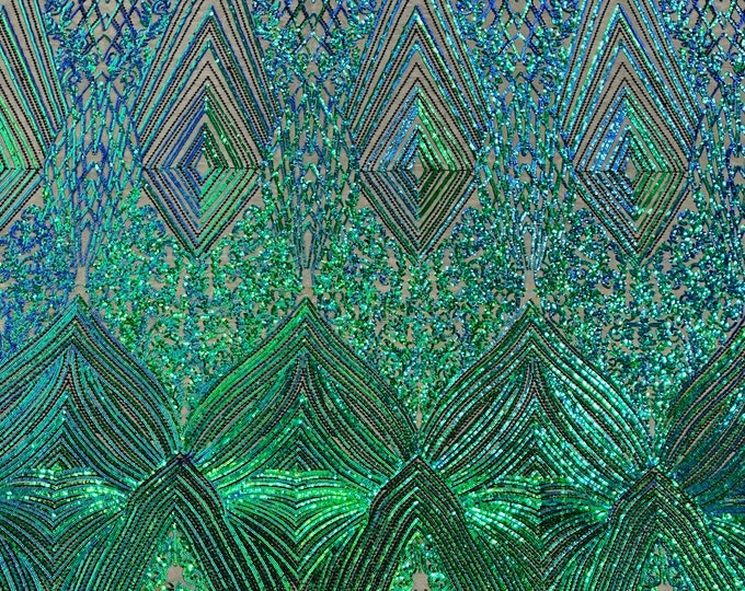 Green Mermaid Iridescent Sequins 4 Way Stretch Geometric Sequins - Nova Design Triangular Fabric for Prom Gala Gown Sold By The Yard