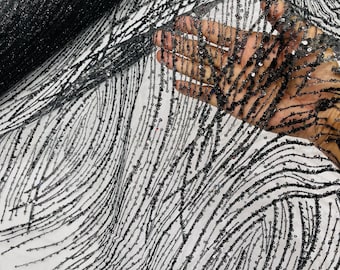 Black Glitter Sequin on Mesh Lace Fabric, Wedding Decor Fabric Bridal/Prom/Sparkle