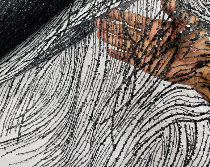 Black Glitter Sequin on Mesh Lace Fabric, Wedding Decor Fabric Bridal/Prom/Sparkle
