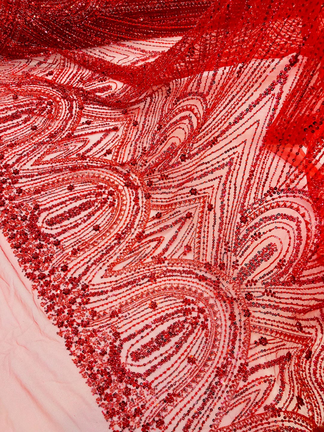 Red Beaded Fabric | Fashion Pattern With Beads and Sequin, Bridal ...