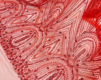Red Beaded Fabric | Fashion Pattern With Beads and Sequin, Bridal Pearls Prom Dress