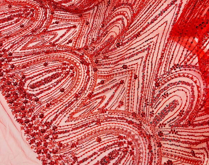 Red Beaded Fabric | Fashion Pattern With Beads and Sequin, Bridal Pearls Prom Dress