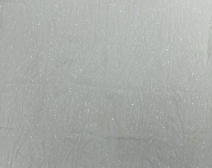 White Sequin Fabric 4 Way Stretch Fashion Design Sequins on Spandex Mesh Prom Gala Gown Fabric By The Yard