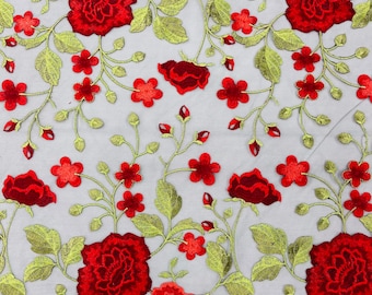 Red Floral and Leaves Embroidery on BLACK Mesh Lace Fabric , Floral Bridal Lace Wedding Dress by the Yard (Pick a Size)