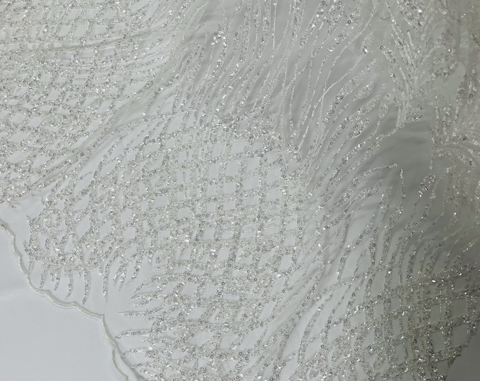 Off White Beaded Fabric by the yard, Bridal Heavy beaded, Damask Pattern With Beads and Sequin, Appliqué lace bridals,weddings,prom dress.