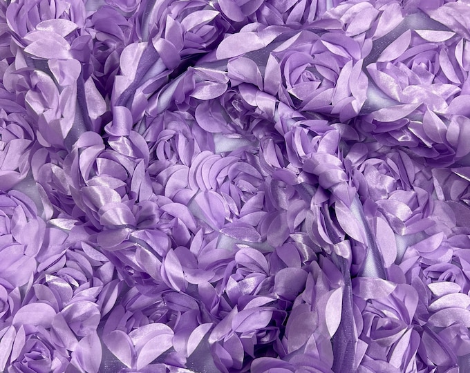 Lilac Rosette Fabric 3D Floral Fabric By The Yard, Peony Bouquet Fabric on Mesh, 3D Rosette Satin Fabric Wedding Decor.