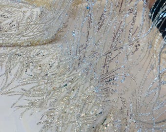 Ivory Beaded Lace Fabric | Beads & Sequin Embroidery By The Yard
