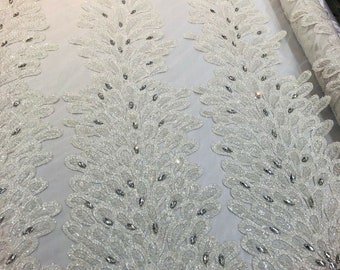 White Beaded Peacock Feathers 3D Vegas Design with Embroidered Sequins and Beads On Mesh Lace Fabric for Prom Dress (Choose The Panels)