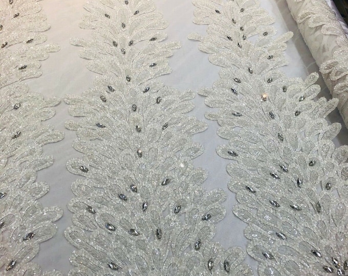 White Beaded Peacock Feathers 3D Vegas Design with Embroidered Sequins and Beads On Mesh Lace Fabric for Prom Dress (Choose The Panels)