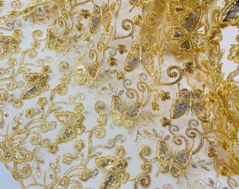 Gold Butterfly Embroidered Lace Fabric with Metallic Thread & Sequins by yard