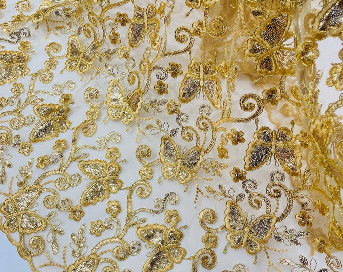 Gold Butterfly Embroidered Lace Fabric with Metallic Thread & Sequins by yard