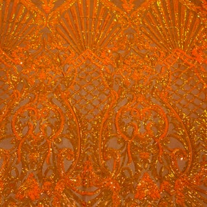 New Orange Iridescent-Orange Sequin Damask Selena Design on a 4 Way Stretch Sequins Fabric Mesh-Prom-Gown By Yard