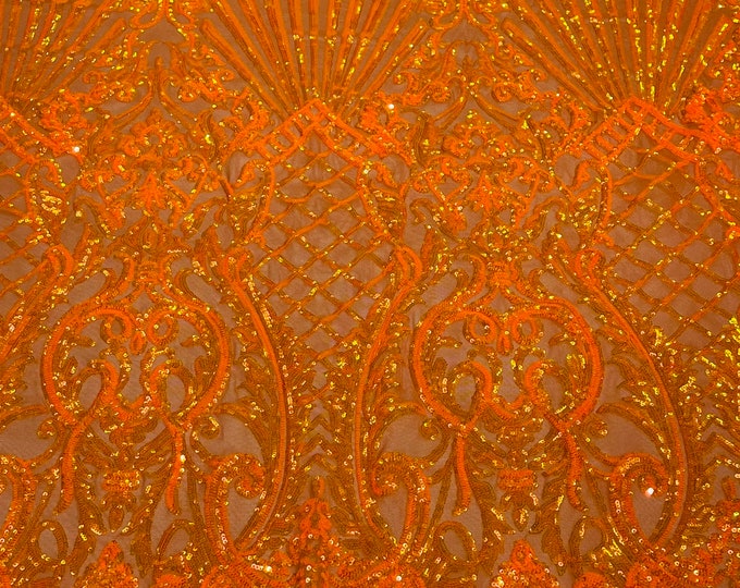 New Orange Iridescent-Orange Sequin Damask Selena Design on a 4 Way Stretch Sequins Fabric Mesh-Prom-Gown By Yard