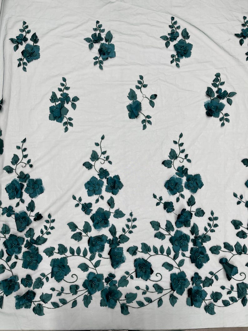 Hunter Green 3D Floral Embroidered Lace Fabric With Pearls - Etsy