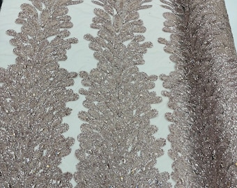 Rose Gold Peacock Feather Beaded Lace Fabric, Vegas Prom Dress Design