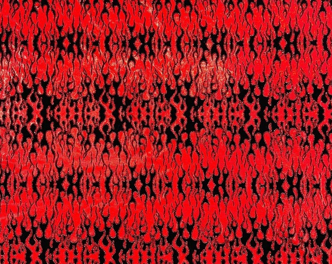 Red Black Nylon Spandex Fabric by the yard, Flames Design With Hologram Shattered Glass, Glitter Spandex Fabric 4 Way Stretch Prom-Gown