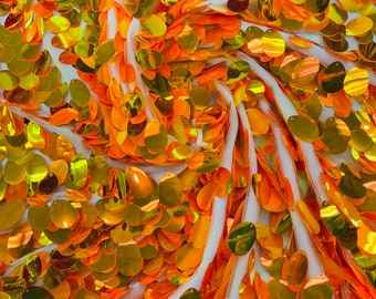 Orange Iridescent Jumbo Oval Paillette on  White Mesh by the yard | Jumbo Tear Drop Sequins Fabric | Mia Fabrics Inc