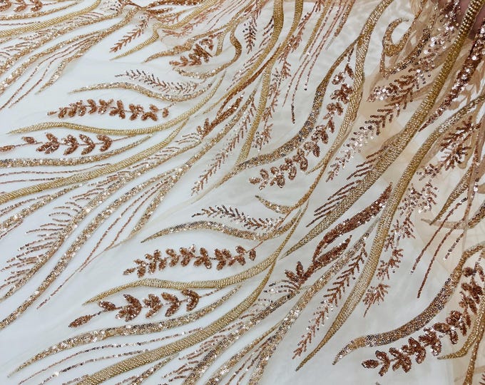 Rose Gold Beaded Lace Fabric: Embroidered Floral Mesh, Bridal Gown Material