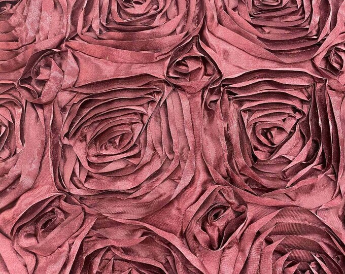 Burgundy Rosette Fabric 3D Rosette Satin, Floral Satin ( Choose The Size )