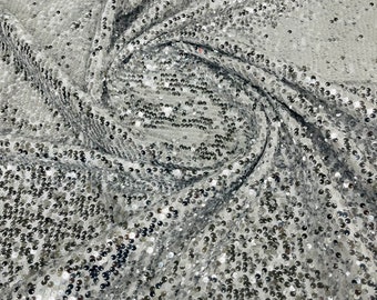 Silver Sequins Taffeta Fabric: Embroidered 5mm Sequins, 60" Wide, By The Yard