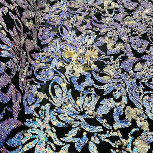 Iridescent Aqua Blue/ Silver Sequins Flip Two Tone, Floral Design on Black Stretch Velvet By The Yard