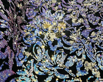 Iridescent Aqua Blue/ Silver Sequins Flip Two Tone, Floral Design on Black Stretch Velvet By The Yard