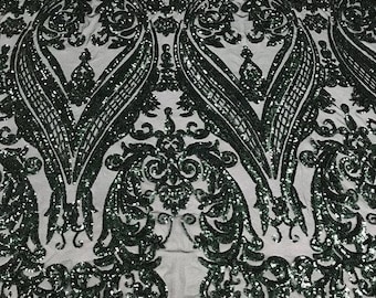 Hunter Green Sequin Fabric – Damask Design, 4-Way Stretch Spandex Mesh