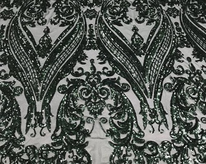 Hunter Green Sequin - 4 Way Stretch Fancy Big Damask Design Sequins on Spandex Mesh Prom Gala Gown Fabric By The Yard