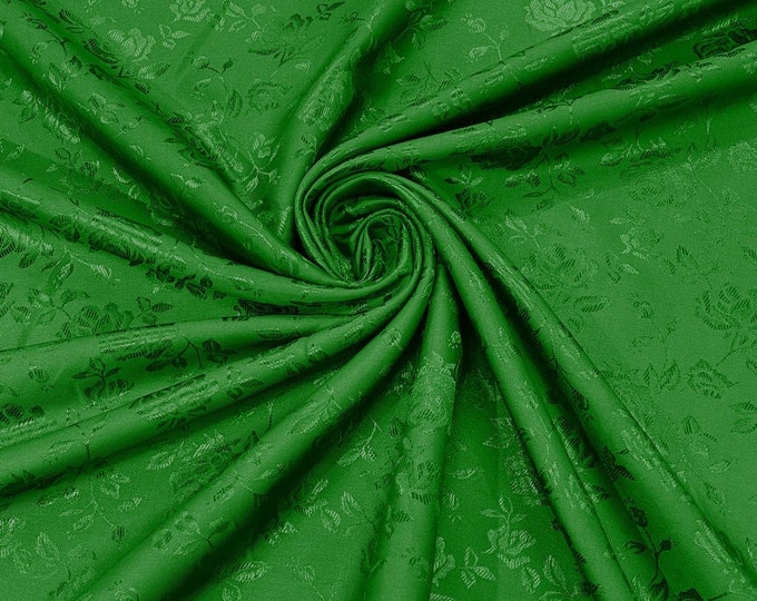 Flag Green Flower Brocade Jacquard Satin Fabric, Sold By The Yard Polyester Satin Floral Wide 58/60"  (Choose The Quantity)