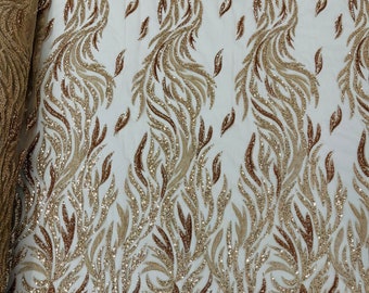 Rose Gold Beaded Fabric by the yard, Embroidered With Beaded Sequin on Nude Mesh, Floral Bridal Lace Fabric (Pick a size )