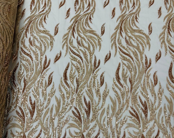 Rose Gold Beaded Fabric by the yard, Embroidered With Beaded Sequin on Nude Mesh, Floral Bridal Lace Fabric (Pick a size )